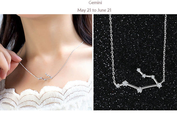 Gemini Constellation Women's Necklace Zodiac Pendant Silver Chain