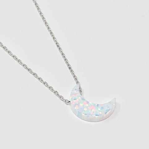 Crescent Moon Women's Necklace White Opal Pendant Sterling Silver Chain