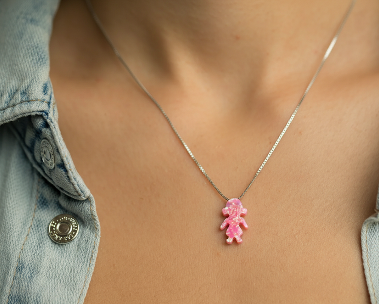 Pink Girl Opal Pendant Women's Necklace Sterling Silver Chain