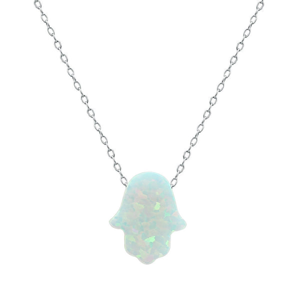 Hamsa Women's Necklace with White Opal Pendant Sterling Silver Chain