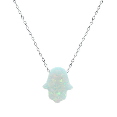 Hamsa Women's Necklace with White Opal Pendant Sterling Silver Chain