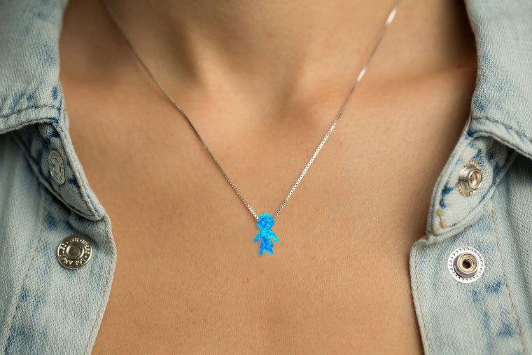 Boy Pendant Blue Opal Women's Necklace Sterling Silver Chain