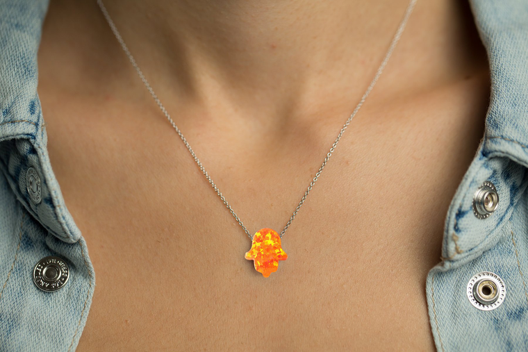 Hamsa Fire Opal Pendant Women's Necklace Sterling Silver Chain