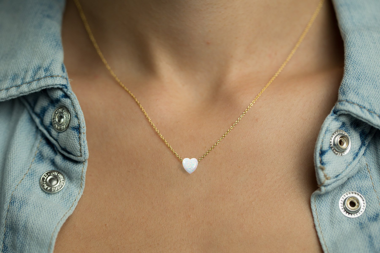 Heart Pendant Women's Necklace with White Opal Pendant Sterling Silver Chain In Gold
