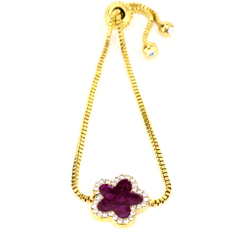 Purple Four Leaf Clover Gold Bracelet with Rhinestones