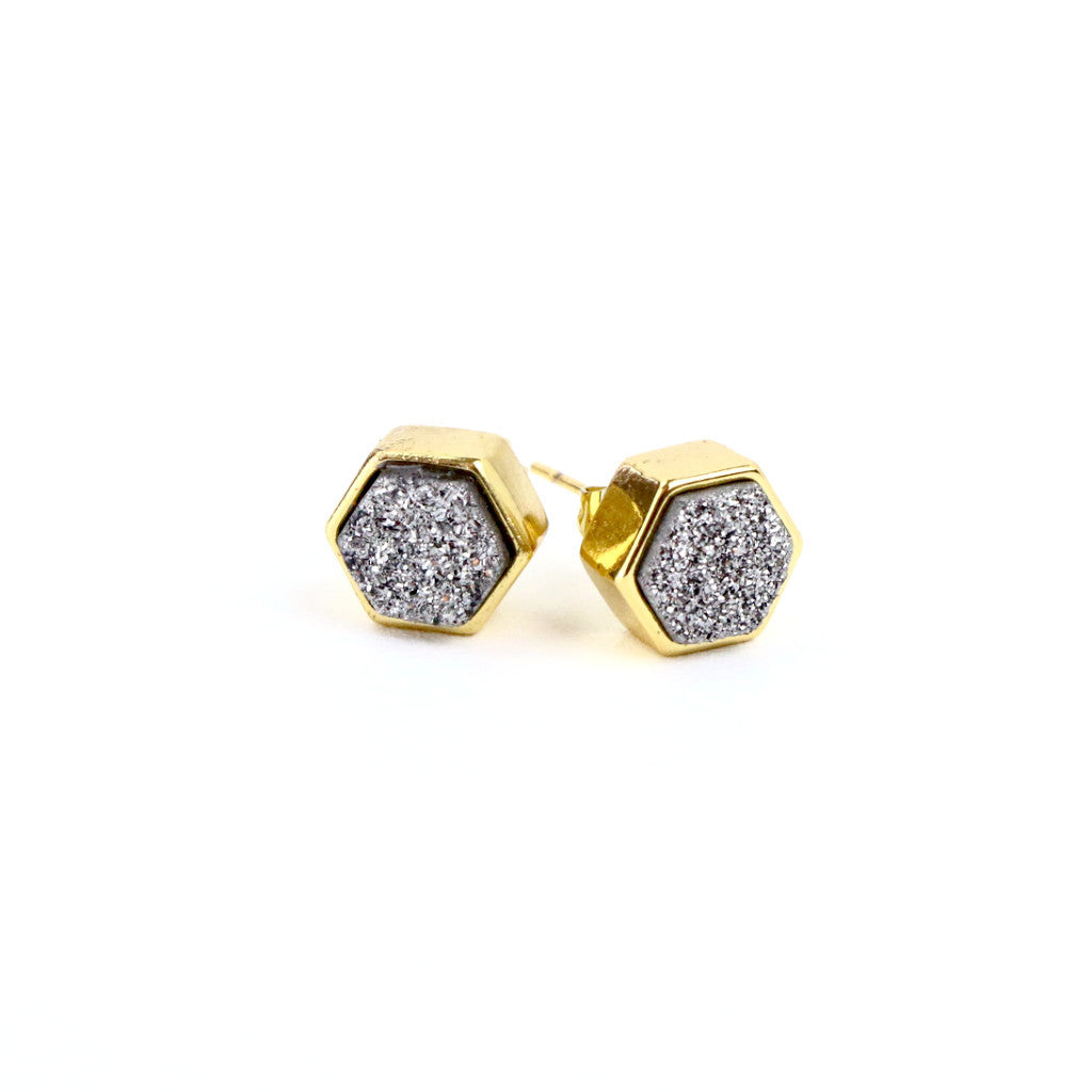 Silver Druzy Agate Hexagon Stud Earrings