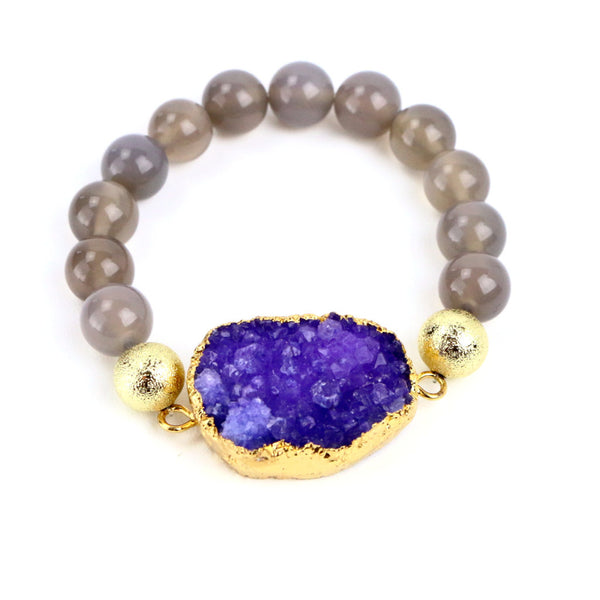 Purple Druzy and Grey Agate Bead Bracelet