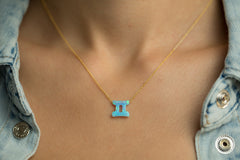 Gemini Women's Necklace Blue Opal Zodiac Pendant Sterling Silver Gold Chain