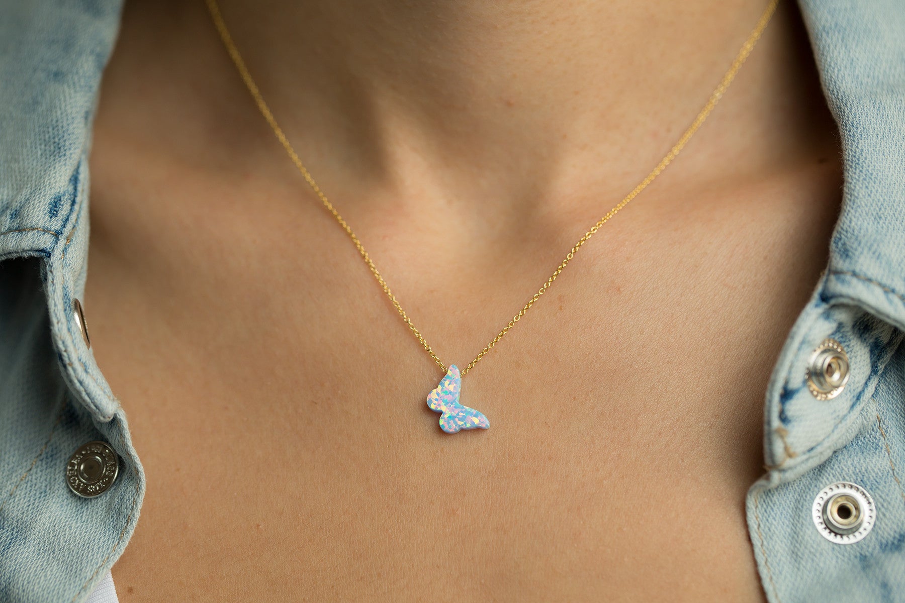 Butterfly Blue Opal Women's Necklace Sterling Silver Gold Chain