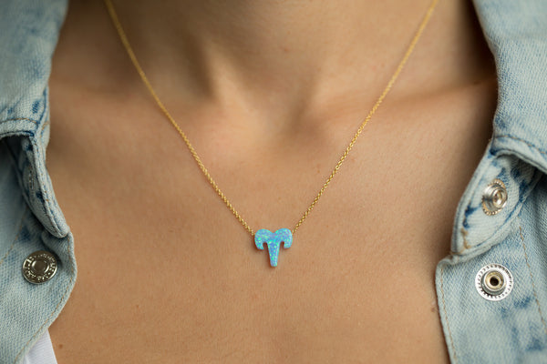 Aries Women's Necklace Blue Opal Zodiac Pendant Sterling Silver Gold Chain