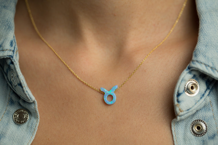 Taurus Women's Necklace with Blue Opal Zodiac Pendant Sterling Silver Gold Chain