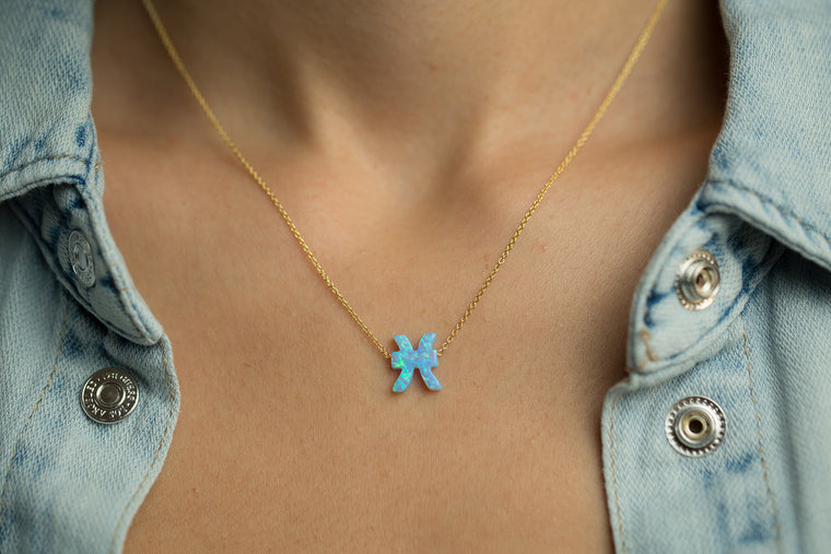 Pisces Women's Necklace with Blue Opal Zodiac Pendant Sterling Silver Gold Chain