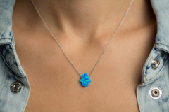 Hamsa Women's Necklace Blue Opal Pendant Sterling Silver Chain