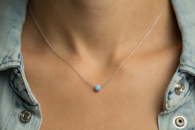 World Women's Necklace with Blue Opal Globe Pendant Sterling Silver Chain