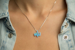 Allah Women's Necklace Blue Opal Zodiac Pendant Sterling Silver Chain