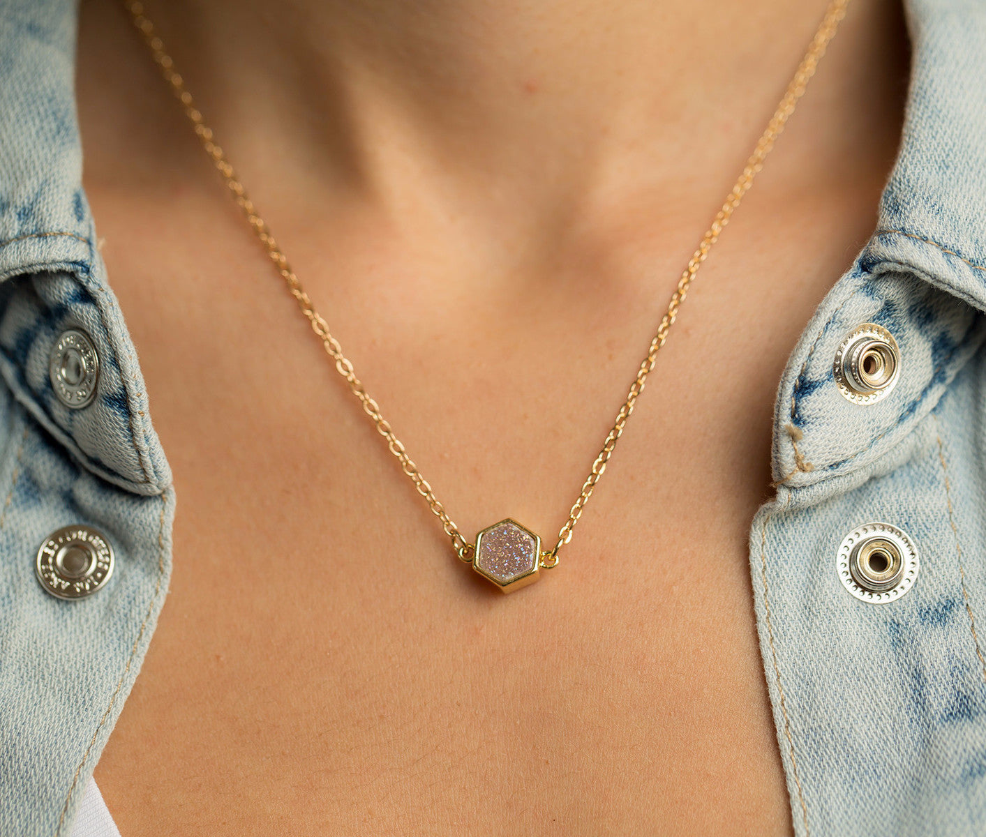 Pink Druzy Agate Geometric Necklace