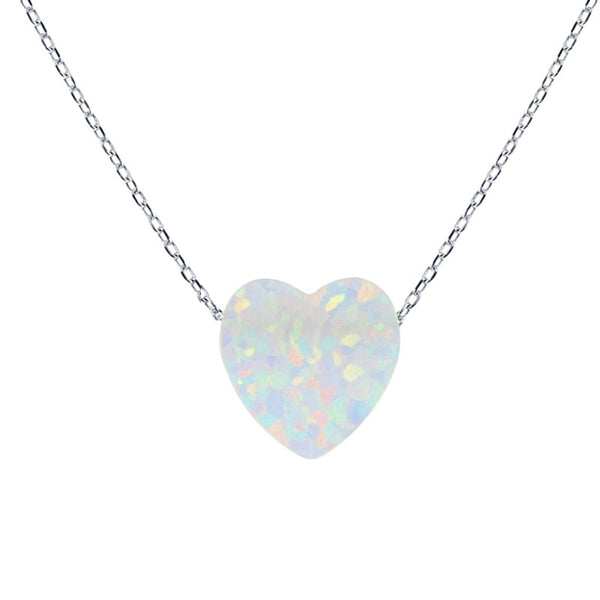 Heart Pendant Women's Necklace with White Opal Pendant Sterling Silver Chain