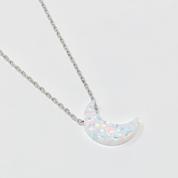 Crescent Moon Women's Necklace White Opal Pendant Sterling Silver Chain