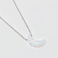 Crescent Moon Women's Necklace White Opal Pendant Sterling Silver Chain